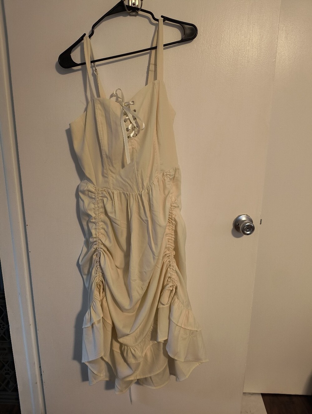 Scarlett Darkness Milkmaid Lace-Up Ruching Midi Dress in Cream